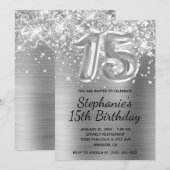 Sparkly Glitter Silver Balloon 15th Birthday Kaart (Voorkant / Achterkant)