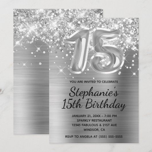 Sparkly Glitter Silver Balloon 15th Birthday Kaart (Voorkant / Achterkant)