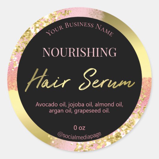 Sparkly Glitter Zwart en Roze Haar Serum Labels (Voorkant)