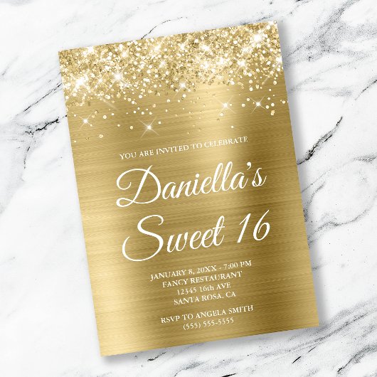 Sparkly Glittery Bleek Gold Foil Sweet 16 Kaart