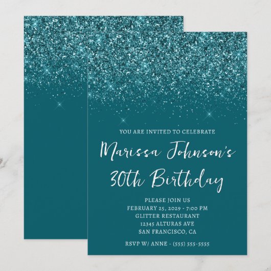 Sparkly Glittery Dark Blauwgroen 30th Birthday Kaart (Voorkant / Achterkant)