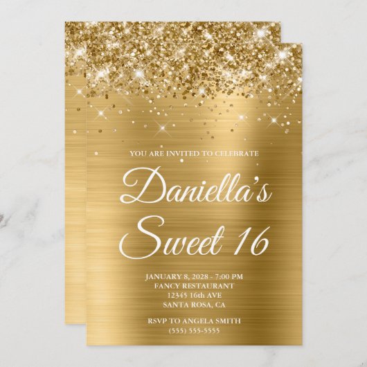 Sparkly Glittery Gold Foil Sweet 16 Kaart (Voorkant / Achterkant)