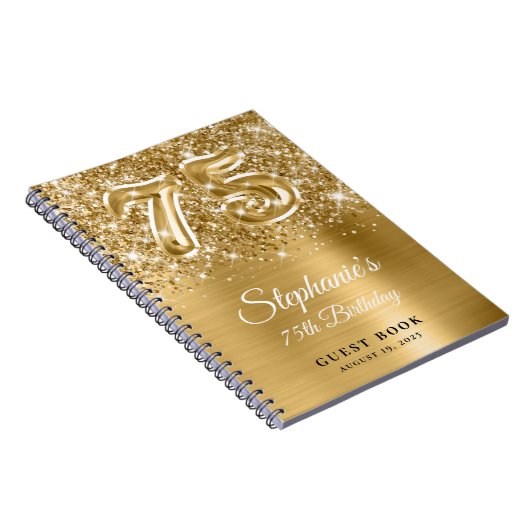 Sparkly Glittery Gold Glam 75th Birthday Guestbook Notitieboek (Rechterzijde)