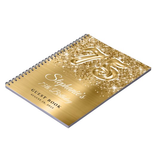 Sparkly Glittery Gold Glam 75th Birthday Guestbook Notitieboek (Linkerzijde)