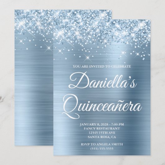 Sparkly Glittery Lichtblauwe Folie Quinceañera Kaart (Voorkant / Achterkant)