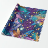 Sparkly Glittery Paarse Blauwe en Gouden Bladeren Cadeaupapier (Uitgerold)