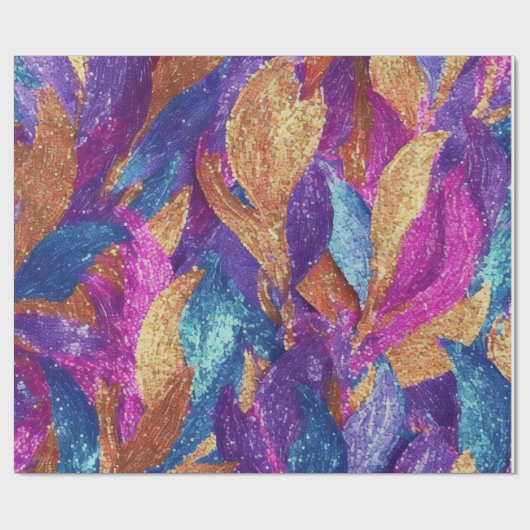 Sparkly Glittery Paarse Blauwe en Gouden Bladeren Cadeaupapier (Vlak)