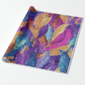 Sparkly Glittery Paarse Blauwe en Gouden Bladeren Cadeaupapier (Uitgerold)
