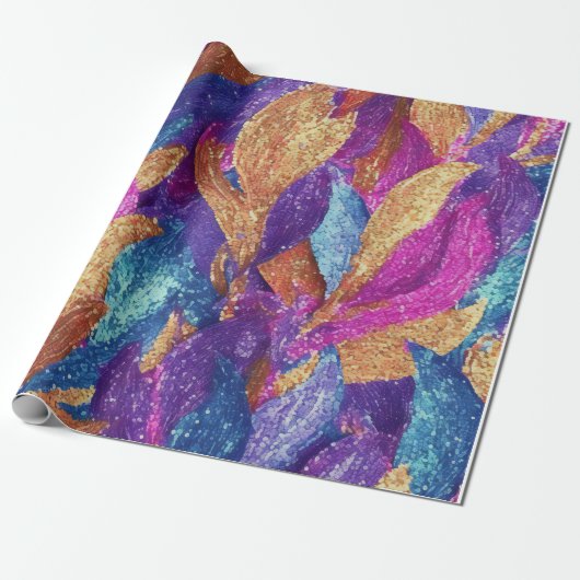 Sparkly Glittery Paarse Blauwe en Gouden Bladeren Cadeaupapier (Uitgerold)