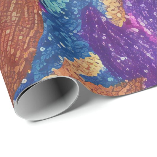 Sparkly Glittery Paarse Blauwe en Gouden Bladeren Cadeaupapier (Rol Hoek)