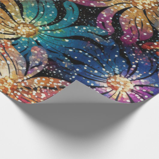 Sparkly Glittery Paarse Blauwe en Gouden Bloemen Cadeaupapier (Hoek)