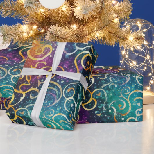 Sparkly Glittery Paarse Blauwe en Gouden Swirls Cadeaupapier (Feestdagen)