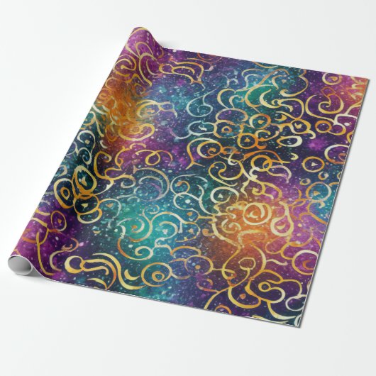 Sparkly Glittery Paarse Blauwe en Gouden Swirls Cadeaupapier (Uitgerold)