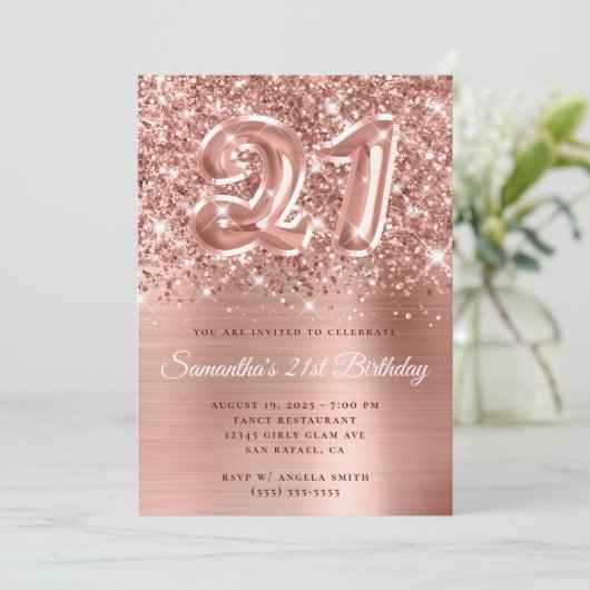 Sparkly Glittery Roos Gold Balloon 21st Birthday Kaart (Staand voorkant)