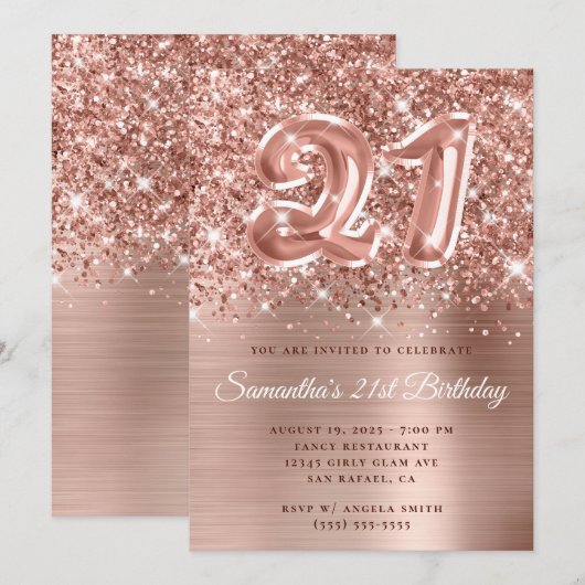 Sparkly Glittery Roos Gold Balloon 21st Birthday Kaart (Voorkant / Achterkant)