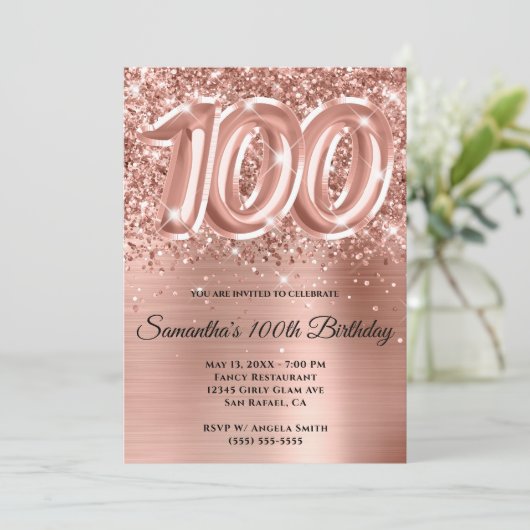 Sparkly Glittery Roos Gold Glam 100th Birthday Kaart (Staand voorkant)