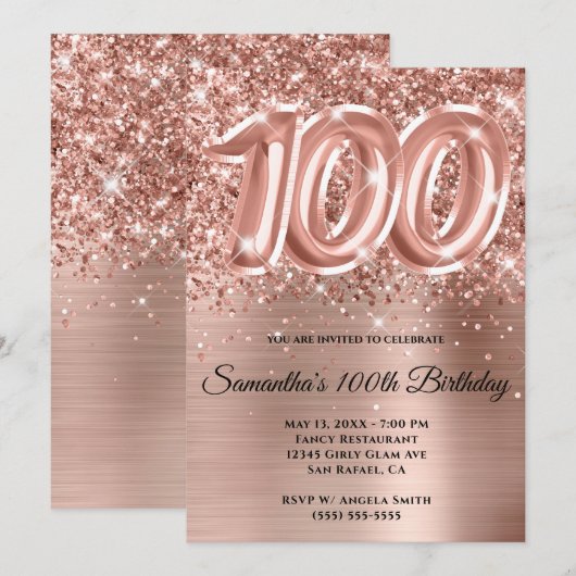 Sparkly Glittery Roos Gold Glam 100th Birthday Kaart (Voorkant / Achterkant)