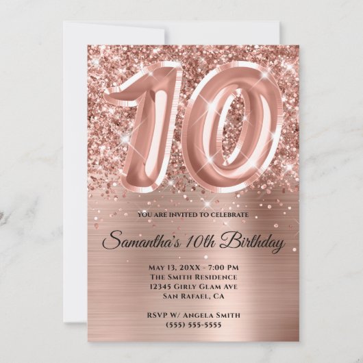 Sparkly Glittery Roos Gold Glam 10e verjaardag Kaart (Voorkant)