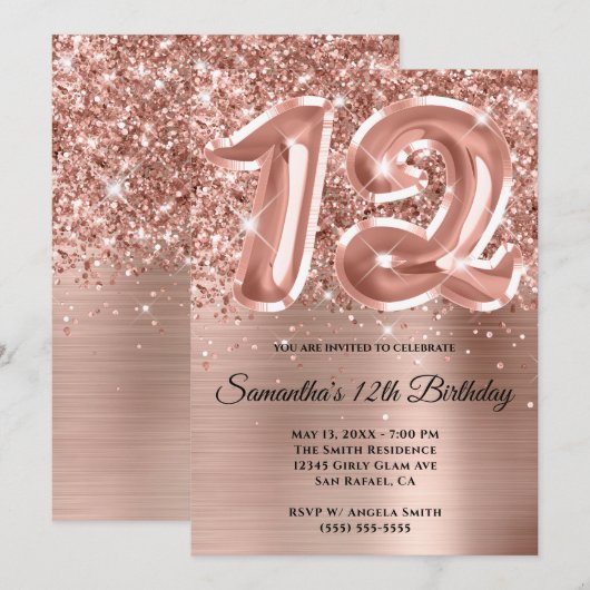 Sparkly Glittery Roos Gold Glam 12e verjaardag Kaart (Voorkant / Achterkant)