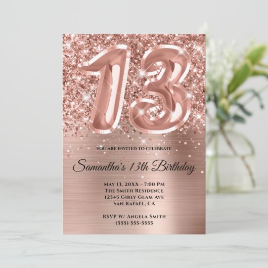 Sparkly Glittery Roos Gold Glam 13th Birthday Kaart (Staand voorkant)