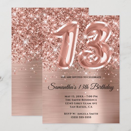 Sparkly Glittery Roos Gold Glam 13th Birthday Kaart (Voorkant / Achterkant)