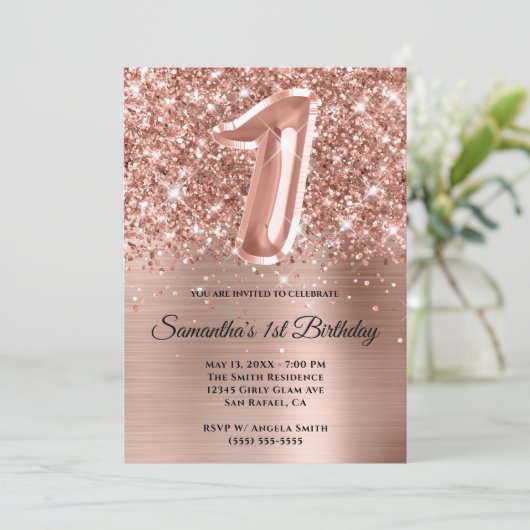 Sparkly Glittery Roos Gold Glam 1e verjaardag Kaart (Staand voorkant)