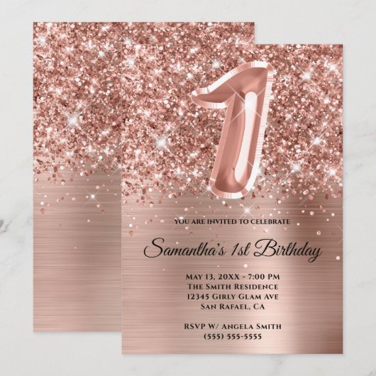 Sparkly Glittery Roos Gold Glam 1e verjaardag Kaart (Voorkant / Achterkant)