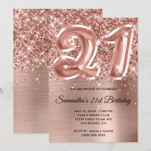 Sparkly Glittery Roos Gold Glam 21st Birthday Kaart (Voorkant / Achterkant)