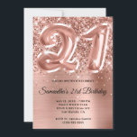 Sparkly Glittery Roos Gold Glam 21st Birthday Kaart<br><div class="desc">Creëer je eigen faux roos goudglitter en folie 21ste verjaardag viering uitnodiging voor je meisje. De achtergrond is voorzien van een girale glazen lichtroze en roos gouden bolle folie digitale kunst met een faux ballonkunst #21. Pas de kleuren of stijlen van de uitnodigingsdoopvont aan. De luxe sparkles, glitter en folie...</div>
