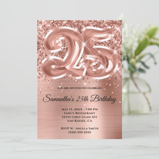 Sparkly Glittery Roos Gold Glam 25th Birthday Kaart (Staand voorkant)