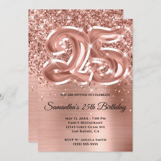 Sparkly Glittery Roos Gold Glam 25th Birthday Kaart (Voorkant / Achterkant)