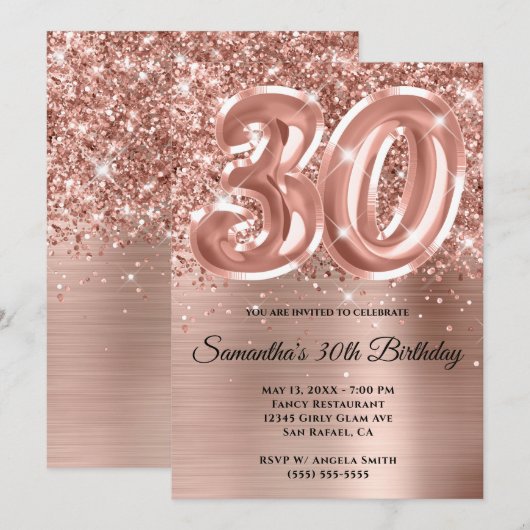 Sparkly Glittery Roos Gold Glam 30th Birthday Kaart (Voorkant / Achterkant)