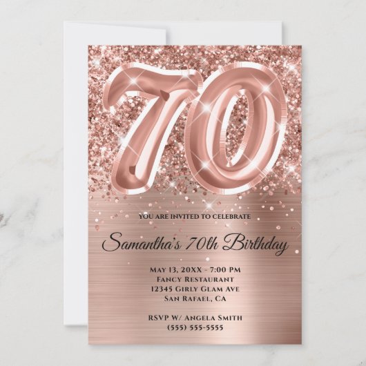 Sparkly Glittery Roos Gold Glam 70th Birthday Kaart (Voorkant)