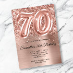 Sparkly Glittery Roos Gold Glam 70th Birthday Kaart<br><div class="desc">Creëer je eigen faux roos goudglitter en folie 70ste verjaardag viering uitnodiging voor je beste vriend. De achtergrond is voorzien van een girale glazen lichtroze en roos gouden bolle folie digitale kunst met een faux ballonkunst #70. Pas de kleuren of stijlen van de uitnodigingsdoopvont aan. De faux roos gouden folie...</div>