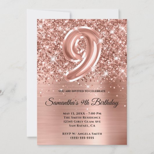 Sparkly Glittery Roos Gold Glam 9e verjaardag Kaart (Voorkant)