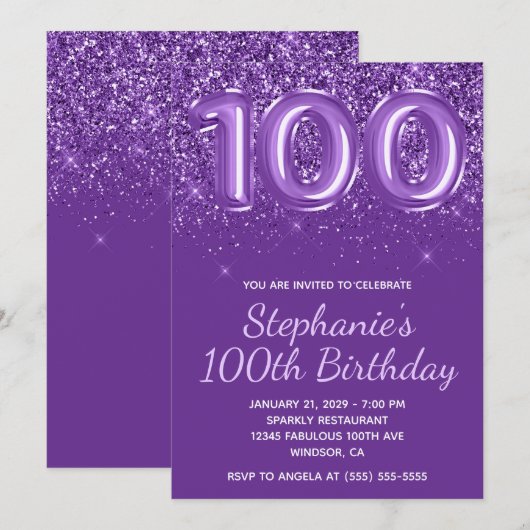 Sparkly Glittery Royal Paarse Nummer 100 Verjaarda Kaart (Voorkant / Achterkant)