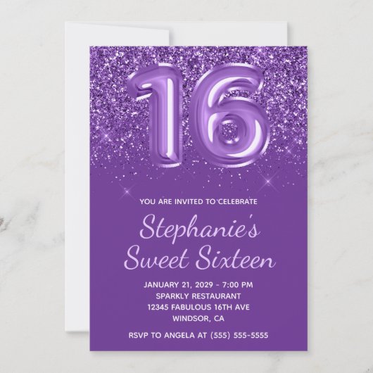 Sparkly Glittery Royal Paarse Nummer 16 Verjaardag Kaart (Voorkant)