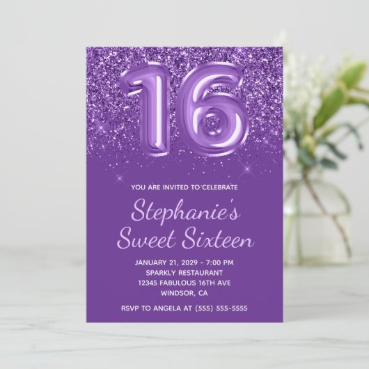 Sparkly Glittery Royal Paarse Nummer 16 Verjaardag Kaart (Staand voorkant)