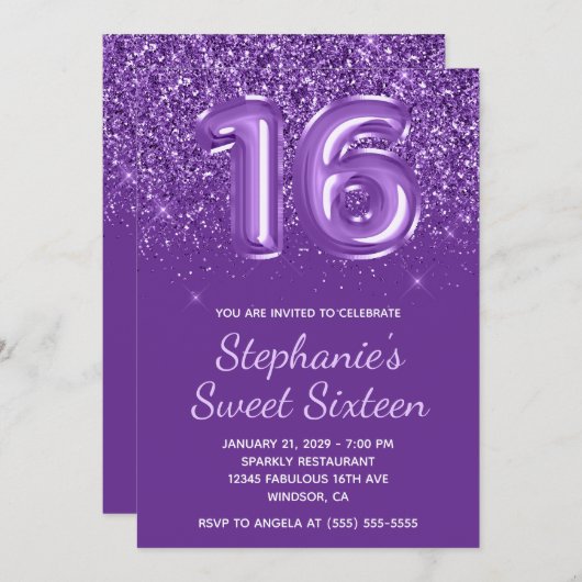 Sparkly Glittery Royal Paarse Nummer 16 Verjaardag Kaart (Voorkant / Achterkant)