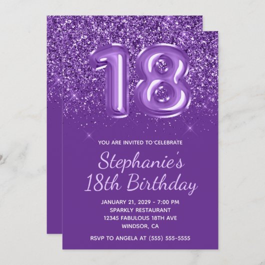 Sparkly Glittery Royal Paarse Nummer 18 Verjaardag Kaart (Voorkant / Achterkant)