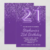Sparkly Glittery Royal Paarse Nummer 21 Verjaardag Kaart (Voorkant / Achterkant)