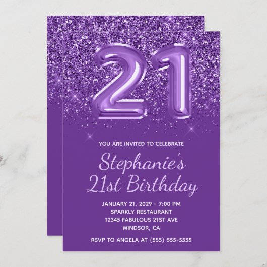 Sparkly Glittery Royal Paarse Nummer 21 Verjaardag Kaart (Voorkant / Achterkant)