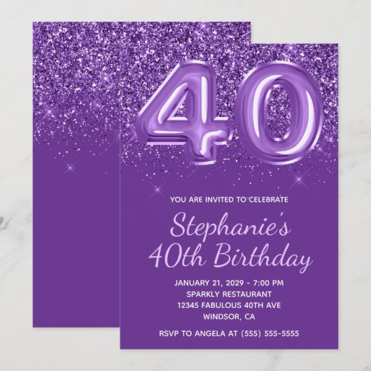 Sparkly Glittery Royal Paarse Nummer 40 Verjaardag Kaart (Voorkant / Achterkant)