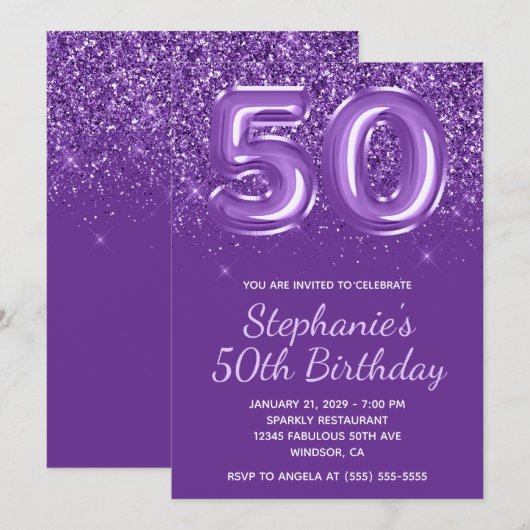 Sparkly Glittery Royal Paarse Nummer 50 Verjaardag Kaart (Voorkant / Achterkant)