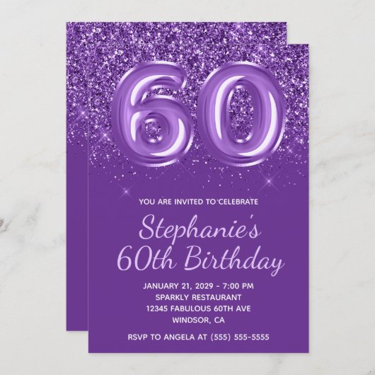 Sparkly Glittery Royal Paarse Nummer 60 Verjaardag Kaart (Voorkant / Achterkant)