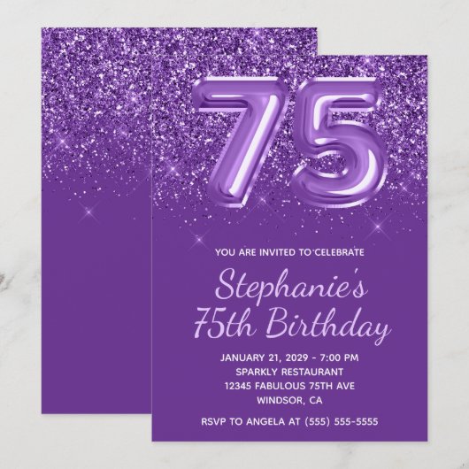Sparkly Glittery Royal Paarse Nummer 75 Verjaardag Kaart (Voorkant / Achterkant)