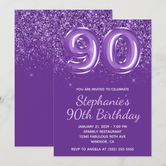 Sparkly Glittery Royal Paarse Nummer 90 Verjaardag Kaart (Voorkant / Achterkant)
