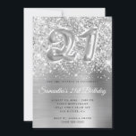 Sparkly Glittery Silver Balloon 21st Birthday Kaart<br><div class="desc">Creëer je eigen kleine faux silvery glitter en folie 21e verjaardag viering uitnodiging voor haar. Op de achtergrond bevindt zich een girale glazen zilvergrijze ombre folie digitale kunst met een faux ballonkunst nummer 21. De luxe sparkles, glitter en folie zullen worden gemaakt met creatieve artistieke elementen die van een foto...</div>