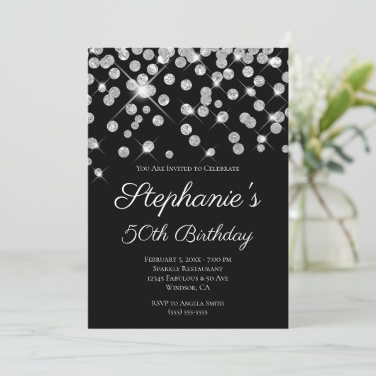 Sparkly Glittery Silver Confetti Elegant Black Kaart (Staand voorkant)