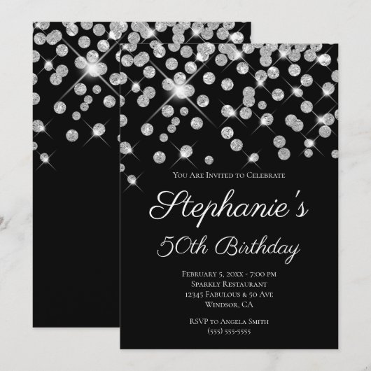 Sparkly Glittery Silver Confetti Elegant Black Kaart (Voorkant / Achterkant)